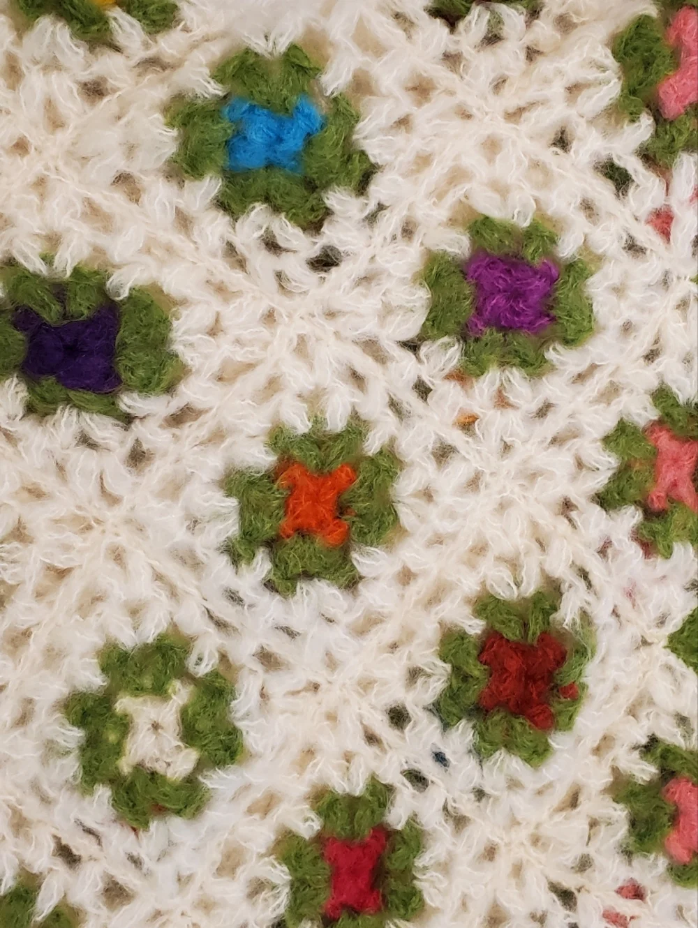 Handmade Crochet Blanket in White and Green with Multicolor Accents